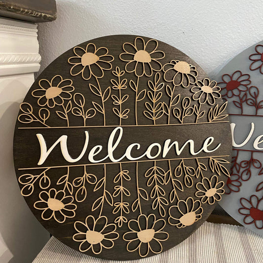 Front Door Wood Welcome Sign with Flowers | Flower Pattern Spring and Summer Sign | Front Door Hanger Wooden Wreath Decor - Bethel Gifts and Crafts