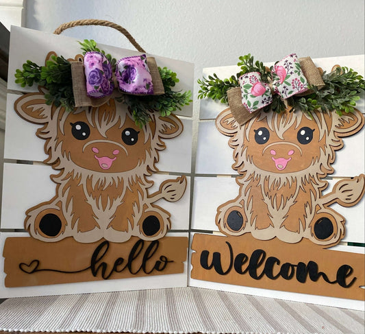 Highland Cow Door Hanger | Front Door Decor Welcome Sign | Welcome Sign Rustic Front Porch Decor | Layered Wooden Door Sign - Bethel Gifts and Crafts