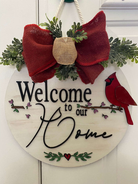 Welcome to our Home Sign with Cardinal Bird